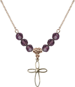 18" Hamilton Gold Plated Necklace with 4mm Amethyst Crystal Beads featuring a 14kt Gold Filled Loop Cross Medal.