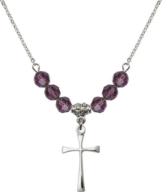 18" Rhodium Plated Necklace with 4mm Amethyst Crystal Beads featuring a Sterling Silver Maltese Cross Medal.