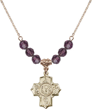 18" Hamilton Gold Plated Necklace with 4mm Amethyst Crystal Beads featuring a 14kt Gold Filled Communion/5-Way Medal.