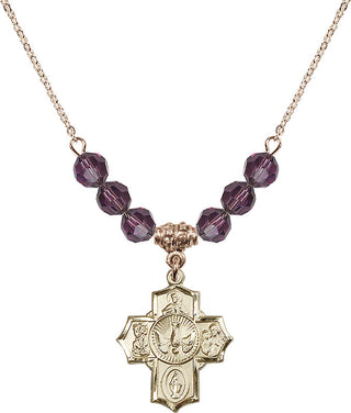 18" Hamilton Gold Plated Necklace with 4mm Amethyst Crystal Beads featuring a 14kt Gold Filled 5-Way Medal.