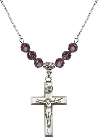 18" Rhodium Plated Necklace with 4mm Amethyst Crystal Beads featuring a Sterling Silver Crucifix Medal.