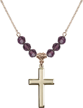 18" Hamilton Gold Plated Necklace with 4mm Amethyst Crystal Beads featuring a 14kt Gold Filled Cross Medal.