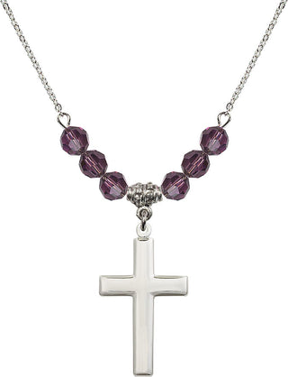 18" Rhodium Plated Necklace with 4mm Amethyst Crystal Beads featuring a Sterling Silver Cross Medal.