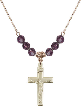 18" Hamilton Gold Plated Necklace with 4mm Amethyst Crystal Beads featuring a 14kt Gold Filled Crucifix Medal.