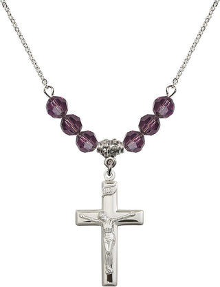 18" Rhodium Plated Necklace with 4mm Amethyst Crystal Beads featuring a Sterling Silver Crucifix Medal.