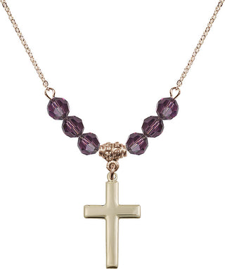 18" Hamilton Gold Plated Necklace with 4mm Amethyst Crystal Beads featuring a 14kt Gold Filled Cross Medal.