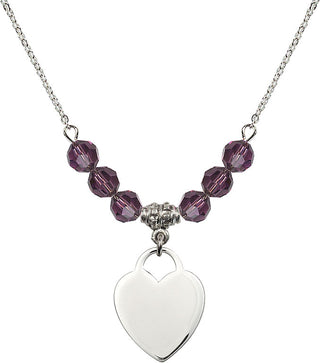 18" Rhodium Plated Necklace with 4mm Amethyst Crystal Beads featuring a Sterling Silver Heart Medal. Engraved Catholic Saint Jewelry