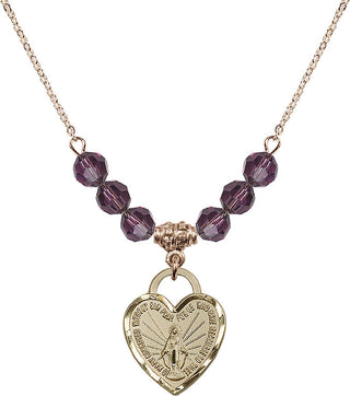 18" Hamilton Gold Plated Necklace with 4mm Amethyst Crystal Beads featuring a 14kt Gold Filled Miraculous Heart Medal. Engraved Catholic Saint Jewelry