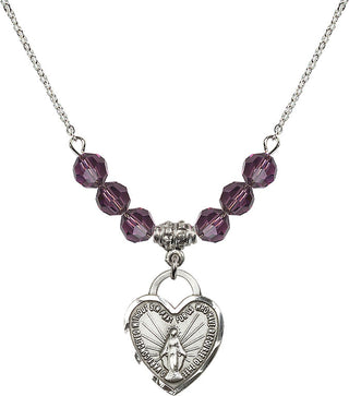18" Rhodium Plated Necklace with 4mm Amethyst Crystal Beads featuring a Sterling Silver Miraculous Heart Medal. Engraved Catholic Saint Jewelry