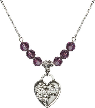 18" Rhodium Plated Necklace with 4mm Amethyst Crystal Beads featuring a Sterling Silver Guardian Angel Heart Medal. Engraved Catholic Saint Jewelry