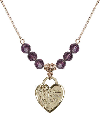 18" Hamilton Gold Plated Necklace with 4mm Amethyst Crystal Beads featuring a 14kt Gold Filled Saint Michael the Archangel Medal. Engraved Catholic Saint Jewelry