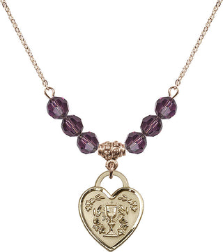 18" Hamilton Gold Plated Necklace with 4mm Amethyst Crystal Beads featuring a 14kt Gold Filled Communion Heart Medal. Engraved Catholic Saint Jewelry