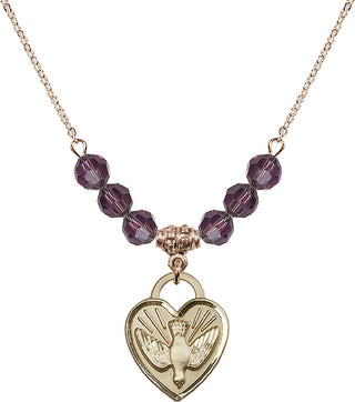 18" Hamilton Gold Plated Necklace with 4mm Amethyst Crystal Beads featuring a 14kt Gold Filled Confirmation Heart Medal. Engraved Catholic Saint Jewelry