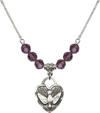 18" Rhodium Plated Necklace with 4mm Amethyst Crystal Beads featuring a Sterling Silver Confirmation Heart Medal. Engraved Catholic Saint Jewelry
