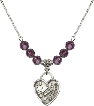 18" Rhodium Plated Necklace with 4mm Amethyst Crystal Beads featuring a Sterling Silver Graduation Heart Medal. Engraved Catholic Saint Jewelry