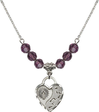 18" Rhodium Plated Necklace with 4mm Amethyst Crystal Beads featuring a Sterling Silver Footprints Heart Medal. Engraved Catholic Saint Jewelry