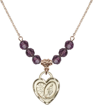 18" Hamilton Gold Plated Necklace with 4mm Amethyst Crystal Beads featuring a 14kt Gold Filled Miraculous Heart Medal.