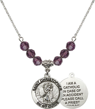 18" Rhodium Plated Necklace with 4mm Amethyst Crystal Beads featuring a Sterling Silver Saint Christopher Medal.