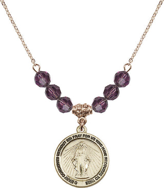 18" Hamilton Gold Plated Necklace with 4mm Amethyst Crystal Beads featuring a 14kt Gold Filled Miraculous Medal.