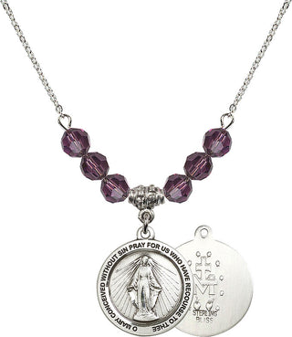 18" Rhodium Plated Necklace with 4mm Amethyst Crystal Beads featuring a Sterling Silver Miraculous Medal.