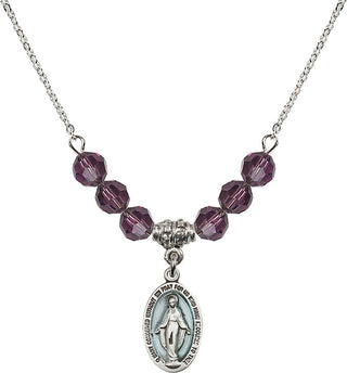 18" Rhodium Plated Necklace with 4mm Amethyst Crystal Beads featuring a Sterling Silver Miraculous Medal.