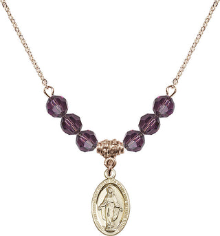 18" Hamilton Gold Plated Necklace with 4mm Amethyst Crystal Beads featuring a 14kt Gold Filled Miraculous Medal.