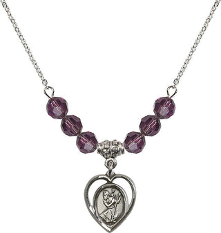 18" Rhodium Plated Necklace with 4mm Amethyst Crystal Beads featuring a Sterling Silver Saint Christopher Medal.