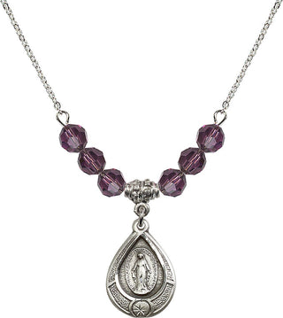 18" Rhodium Plated Necklace with 4mm Amethyst Crystal Beads featuring a Sterling Silver Miraculous Medal.