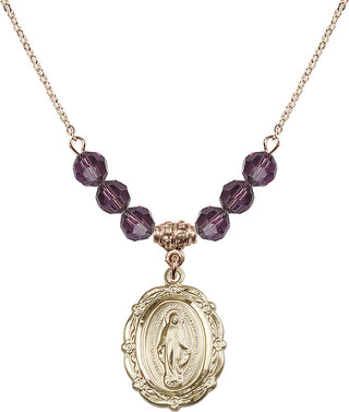 18" Hamilton Gold Plated Necklace with 4mm Amethyst Crystal Beads featuring a 14kt Gold Filled Miraculous Medal.