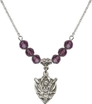 18" Rhodium Plated Necklace with 4mm Amethyst Crystal Beads featuring a Sterling Silver Communion Medal.