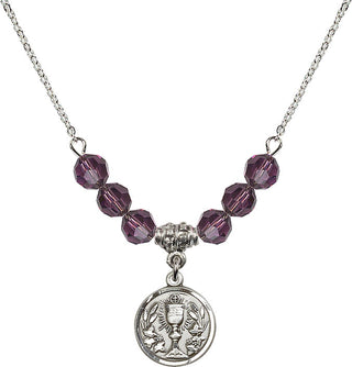 18" Rhodium Plated Necklace with 4mm Amethyst Crystal Beads featuring a Sterling Silver Communion Chalice Medal.