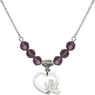 18" Rhodium Plated Necklace with 4mm Amethyst Crystal Beads featuring a Sterling Silver Heart / Guardian Angel Medal.