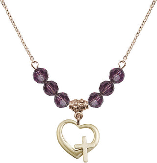 18" Hamilton Gold Plated Necklace with 4mm Amethyst Crystal Beads featuring a 14kt Gold Filled Heart / Cross Medal.
