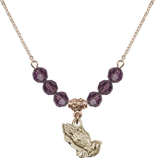 18" Hamilton Gold Plated Necklace with 4mm Amethyst Crystal Beads featuring a 14kt Gold Filled Praying Hands Medal.