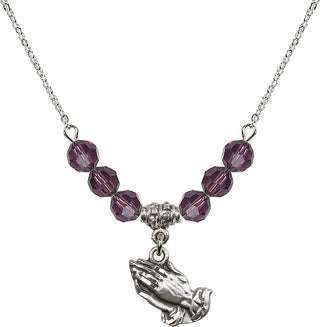 18" Rhodium Plated Necklace with 4mm Amethyst Crystal Beads featuring a Sterling Silver Praying Hands Medal.