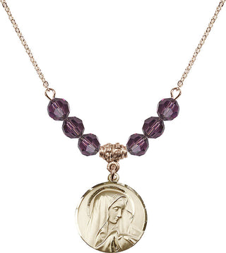 18" Hamilton Gold Plated Necklace with 4mm Amethyst Crystal Beads featuring a 14kt Gold Filled Sorrowful Mother Medal.