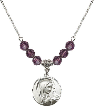 18" Rhodium Plated Necklace with 4mm Amethyst Crystal Beads featuring a Sterling Silver Sorrowful Mother Medal.