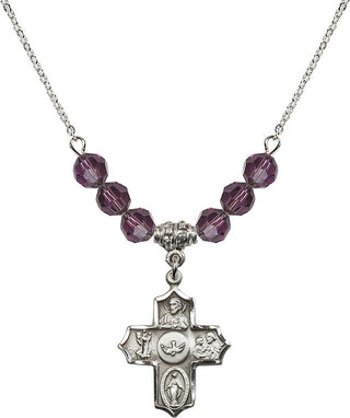18" Rhodium Plated Necklace with 4mm Amethyst Crystal Beads featuring a Sterling Silver 5-Way Medal.