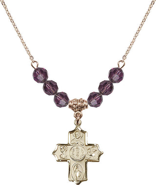 18" Hamilton Gold Plated Necklace with 4mm Amethyst Crystal Beads featuring a 14kt Gold Filled 4-Way Medal.