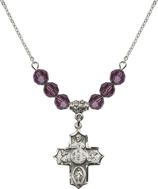 18" Rhodium Plated Necklace with 4mm Amethyst Crystal Beads featuring a Sterling Silver 4-Way Medal.