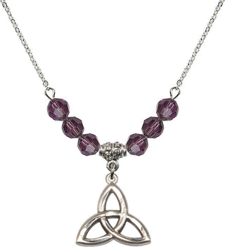 18" Rhodium Plated Necklace with 4mm Amethyst Crystal Beads featuring a Sterling Silver Trinity Irish Knot Medal.