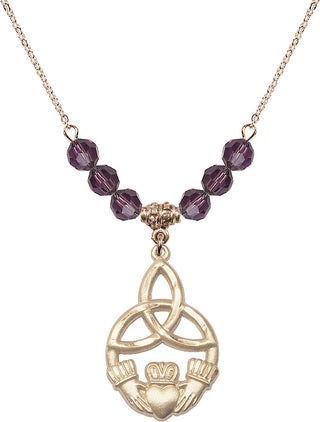 18" Hamilton Gold Plated Necklace with 4mm Amethyst Crystal Beads featuring a 14kt Gold Filled Irish Knot / Claddagh Medal.