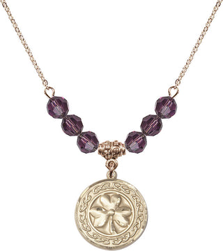 18" Hamilton Gold Plated Necklace with 4mm Amethyst Crystal Beads featuring a 14kt Gold Filled Shamrock with Celtic Border Medal.