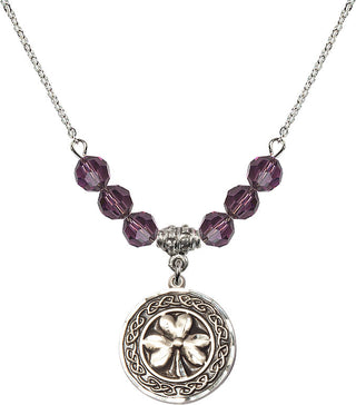 18" Rhodium Plated Necklace with 4mm Amethyst Crystal Beads featuring a Sterling Silver Shamrock with Celtic Border Medal.