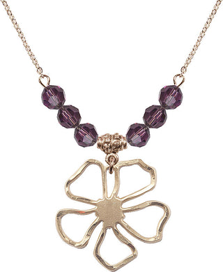 18" Hamilton Gold Plated Necklace with 4mm Amethyst Crystal Beads featuring a 14kt Gold Filled Five Pedal Flower Medal.