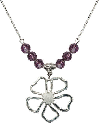 18" Rhodium Plated Necklace with 4mm Amethyst Crystal Beads featuring a Sterling Silver Five Pedal Flower Medal.
