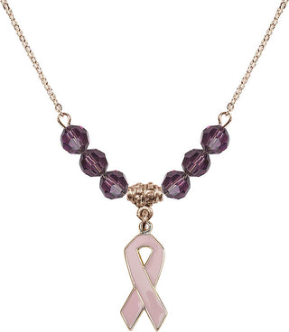 18" Hamilton Gold Plated Necklace with 4mm Amethyst Crystal Beads featuring a 14kt Gold Filled Cancer Awareness Medal.
