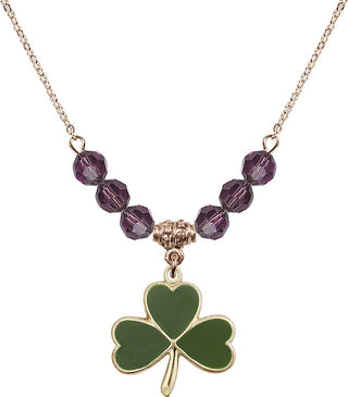 18" Hamilton Gold Plated Necklace with 4mm Amethyst Crystal Beads featuring a 14kt Gold Filled Shamrock Medal.