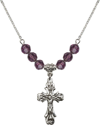 18" Rhodium Plated Necklace with 4mm Amethyst Crystal Beads featuring a Sterling Silver Crucifix Medal.