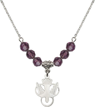 18" Rhodium Plated Necklace with 4mm Amethyst Crystal Beads featuring a Sterling Silver Holy Spirit Medal.